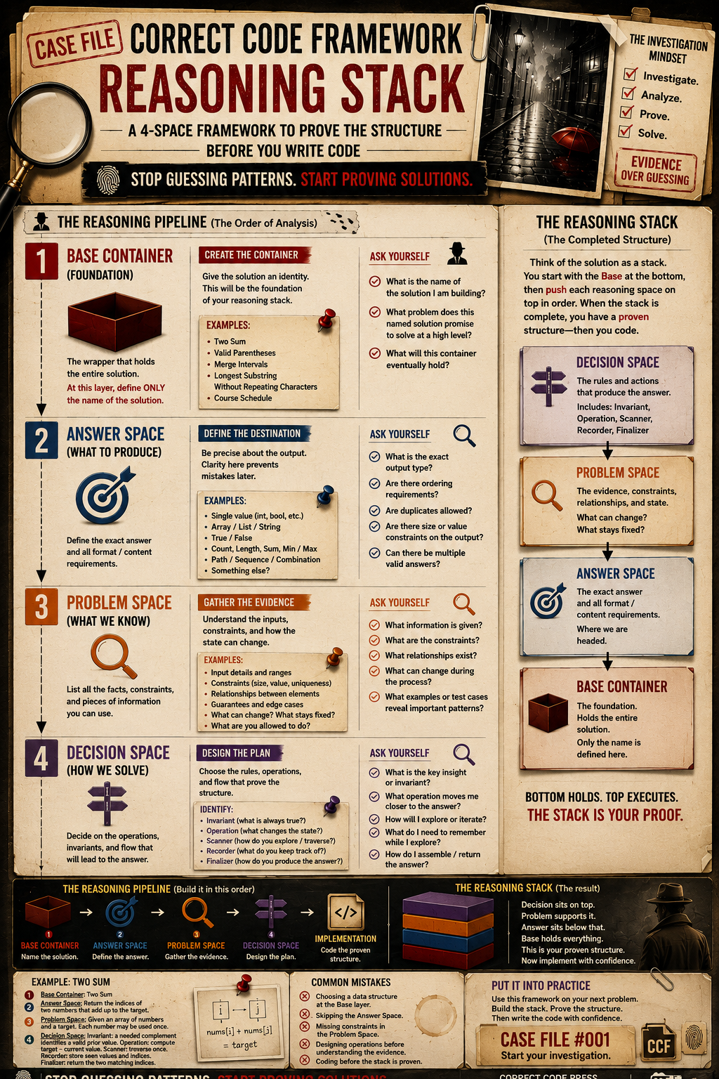 Correct Code Framework Reasoning Stack infographic showing the Base Container, Answer Space, Problem Space, and Decision Space.